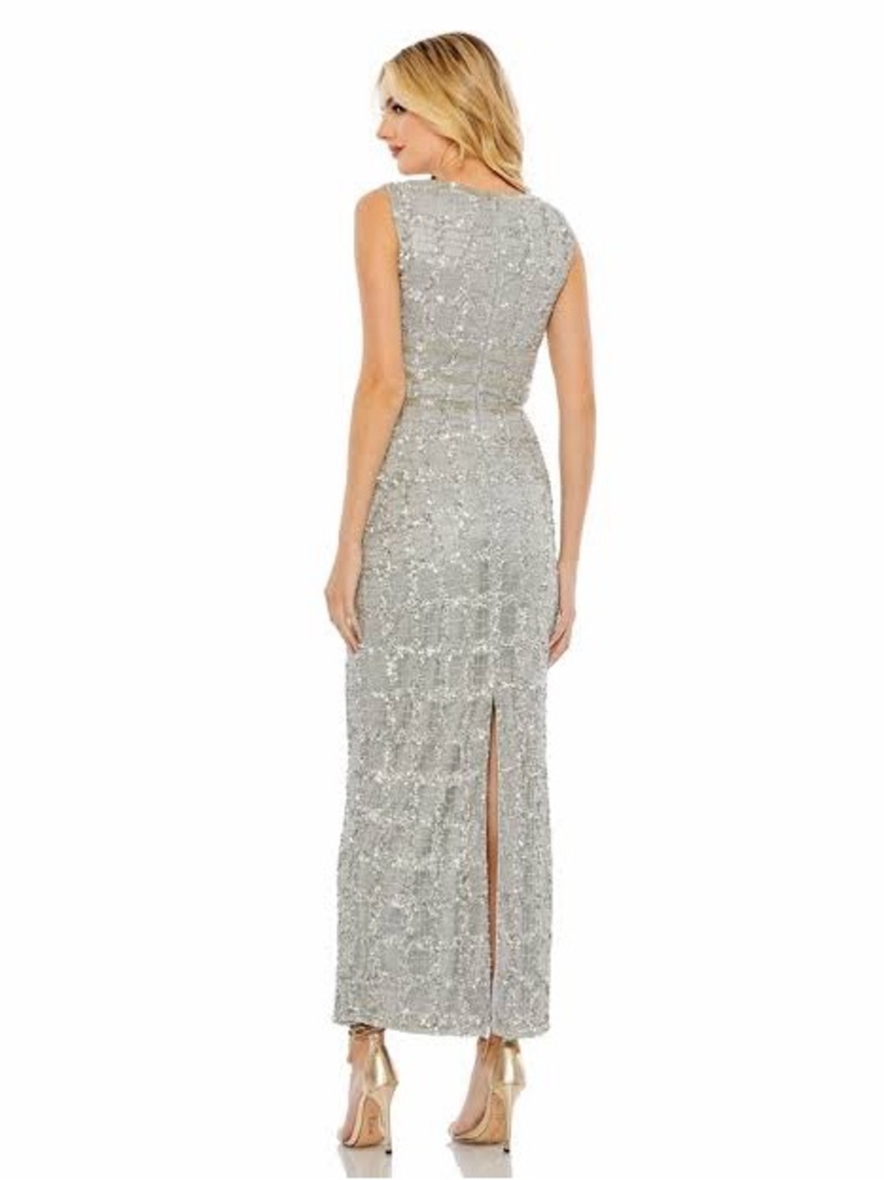 Mac Duggal Silver Sequin Plunging V Evening Gown - Picture 2 of 4